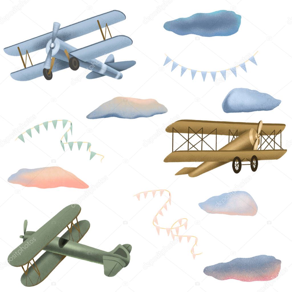Collection of retro airplanes, clouds and festive garlands, hand drawn isolated on a white background