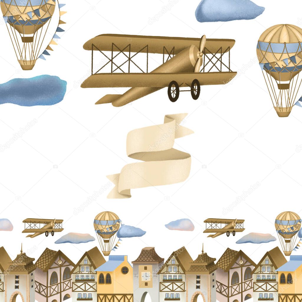 Hand drawn town, retro airplanes and hot air balloons illustration, greeting card template