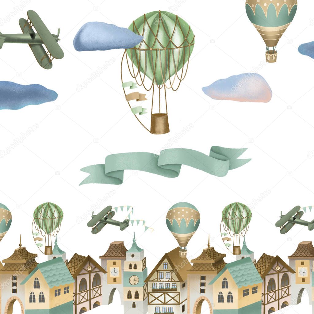 Hand drawn town, retro airplanes and hot air balloons illustration, greeting card template