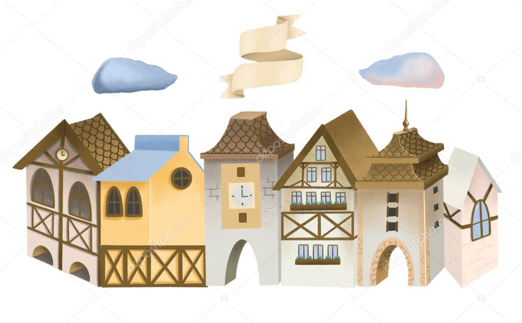 Illustration of bavarian houses, old town street, hand drawn composition on white backround