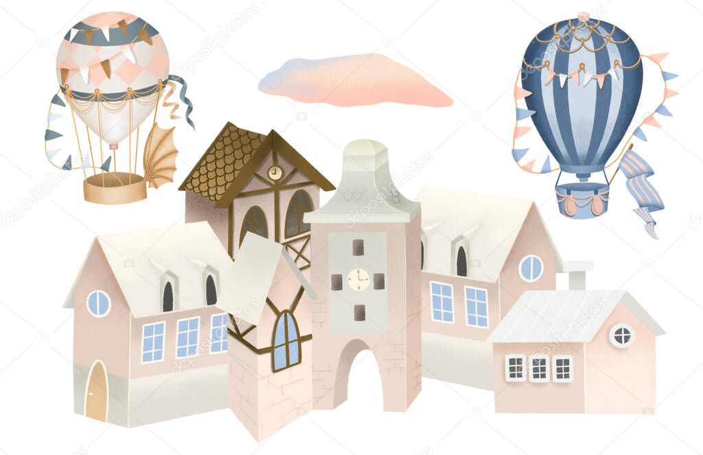 Illustration of cozy pink houses and retro hot airballoons in the sky, festive old town street, hand drawn on white backround
