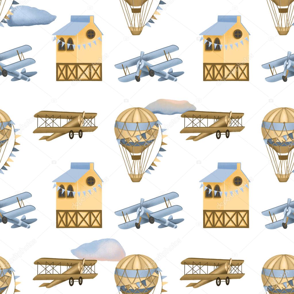 Seamless pattern with hand drawn festive hot air balloons, retro airplanes and houses on a white background