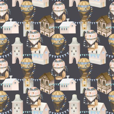 Pembe şirin evlerin kusursuz deseni, Bavyera evleri ve gökyüzünde retro sıcak hava balonları, koyu bir arka planda elle boyanmış.