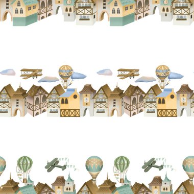 Bavyera evlerinin kusursuz desenleri, retro uçaklar ve gökyüzünde sıcak hava balonları, beyaz arka planda elle boyanmış.
