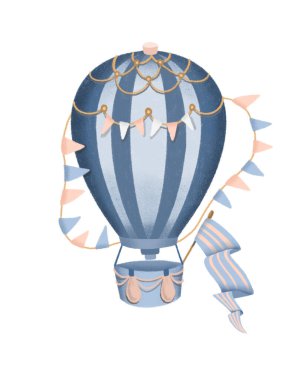 Retro hot air balloon in blue and pink shades, hand drawn illustration isolated on a white background clipart