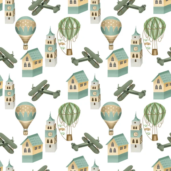 Безшовний Візерунок Милих Зелених Будинків Старих Міських Веж Ретро Літаків — стокове фото