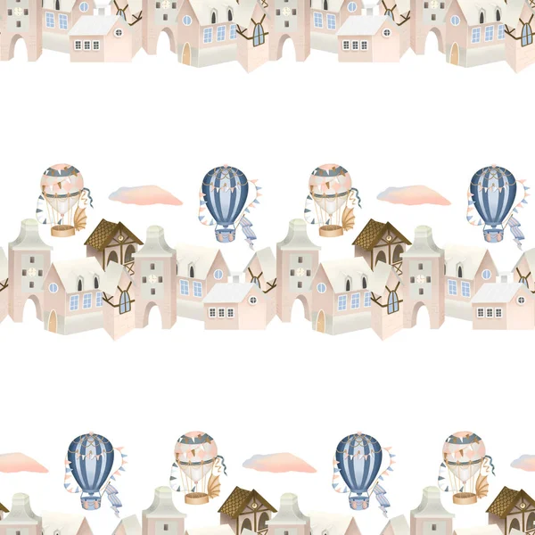 Seamless pattern of cute pink houses and retro hot air balloons in the sky, hand painted on a white background