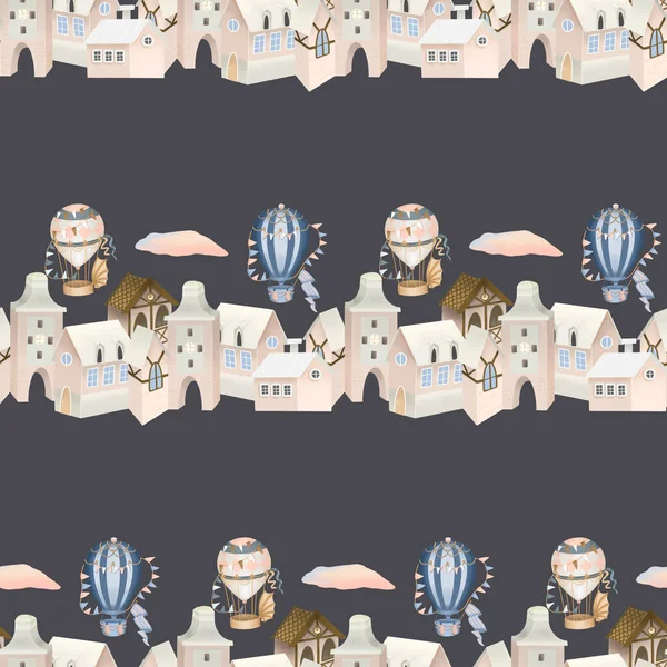 Seamless pattern of cute pink houses and retro hot air balloons in the sky, hand painted on a dark background