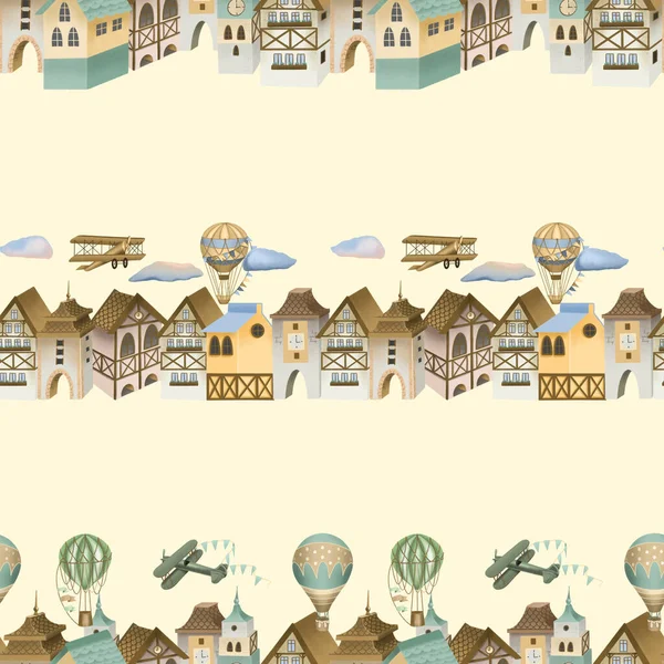 Seamless pattern of bavarian houses, retro airplanes and hot air balloons in the sky, hand painted on a beige background