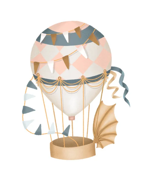 Balão Quente Retro Tons Azuis Rosa Ilustração Desenhada Mão Isolada — Fotografia de Stock