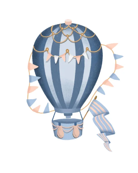 Retro Varmluftsballong Blå Och Rosa Nyanser Handritad Illustration Isolerad Vit — Stockfoto