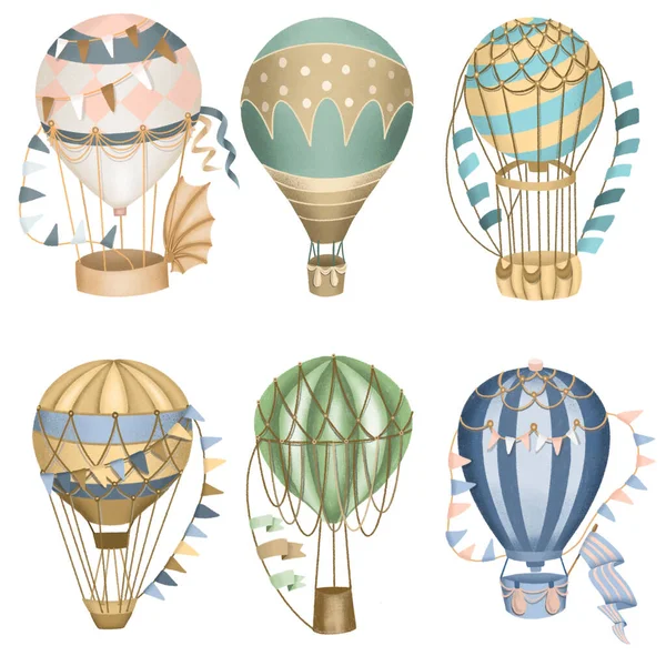 Collection Retro Hot Air Balloons Hand Drawn Isolated White Background — Stock Photo, Image