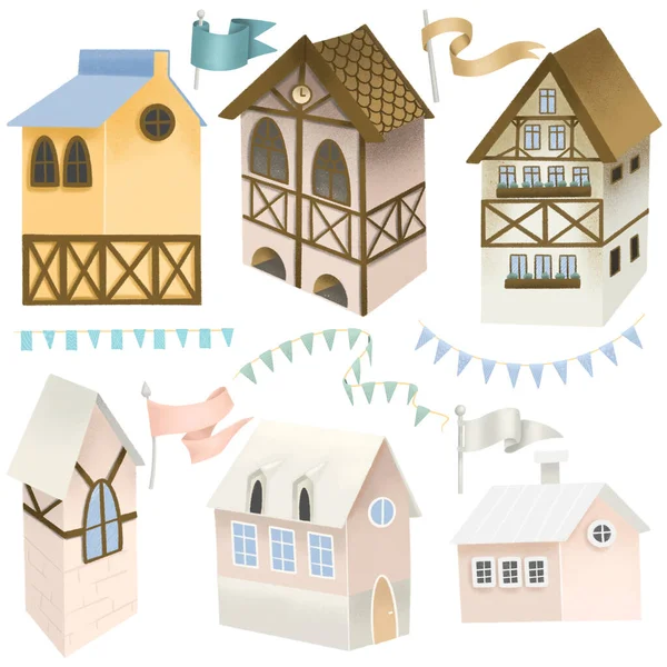 Коллекция Баварских Домов Флагов Гирлянд Раскрашенные Вручную Иллюстрации Изолированные Объекты — стоковое фото