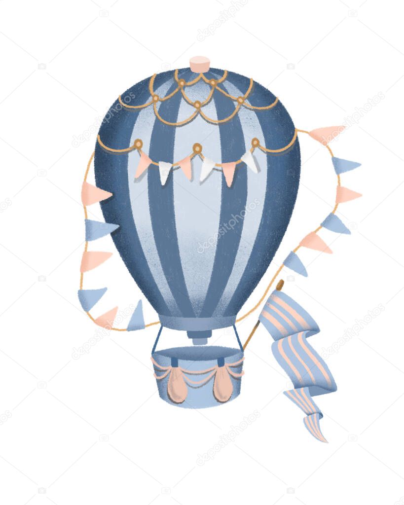 Retro hot air balloon in blue and pink shades, hand drawn illustration isolated on a white background