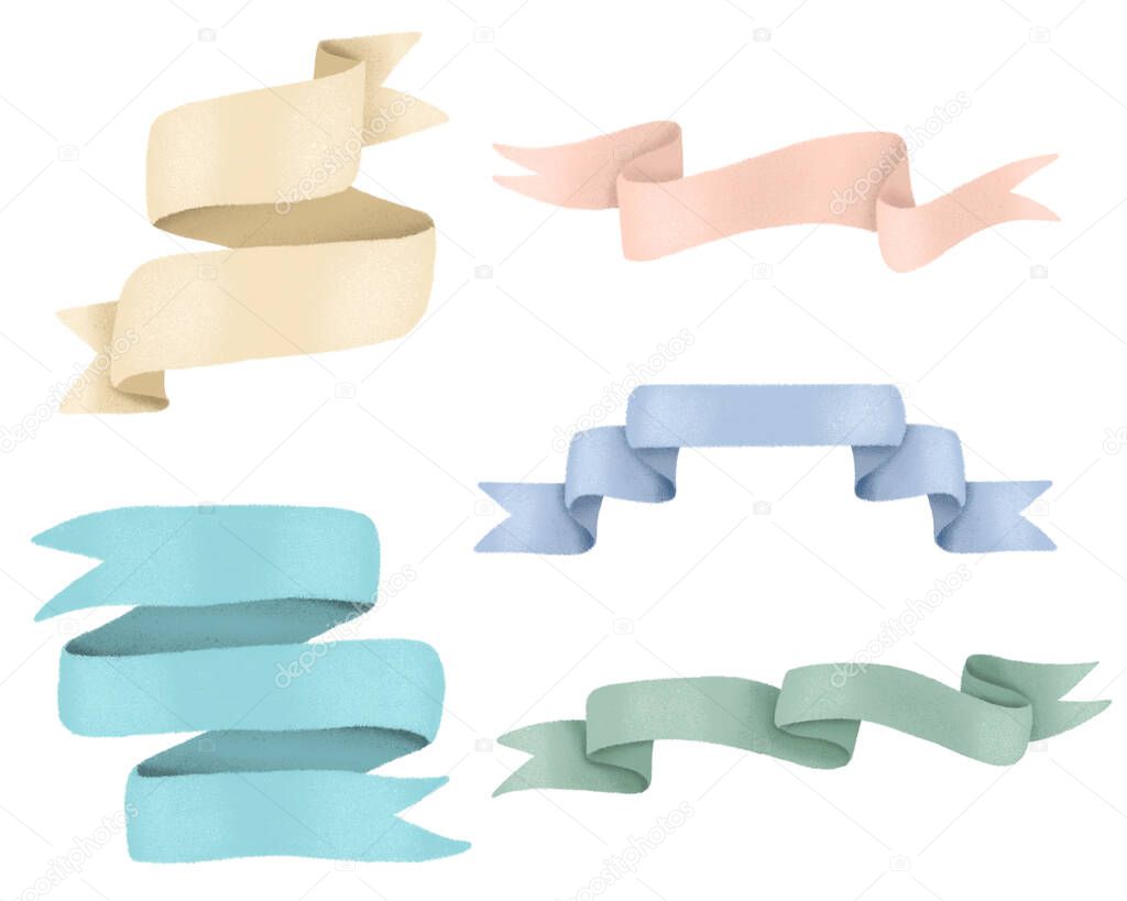 Collection of festive ribbons, hand painted isolated on a white background
