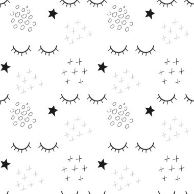 Elle çizilmiş kusursuz desen sevimli gözler, yıldızlar ve siyah beyaz renklerde soyut elementler; bebek kıyafetleri ve tekstil baskısı için