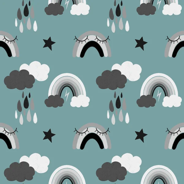 Seamless pattern of hand drawn rainbow, stars and clouds in black and white colors on blue background