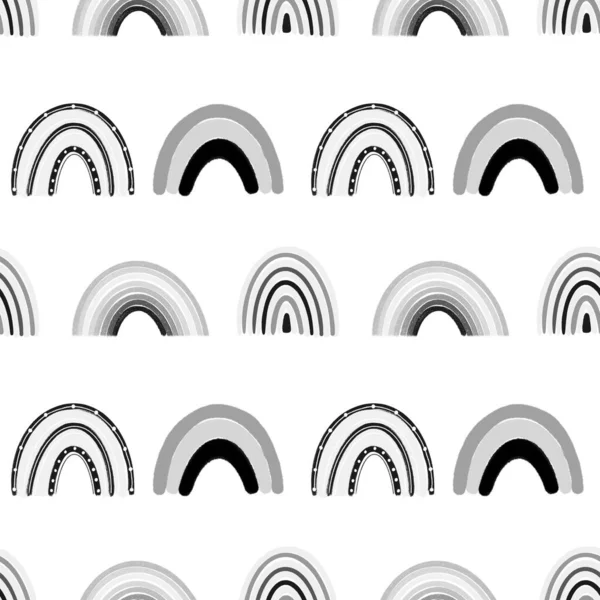 Seamless pattern of hand drawn rainbow in black and white colors on white background