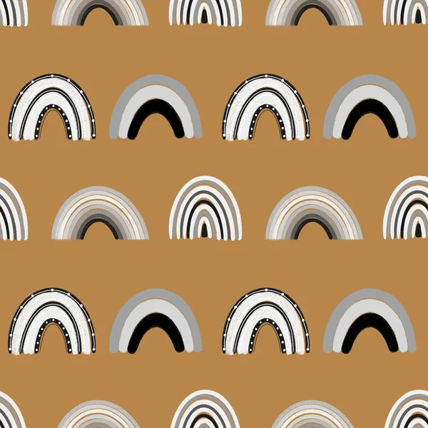 Seamless pattern of hand drawn rainbow in black and white colors on brown background