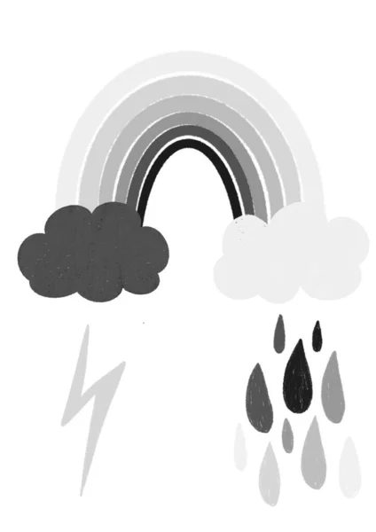 Schwarzer Und Weißer Regenbogen Mit Regenwolken Isolierte Cliparts Auf Weißem — Stockfoto