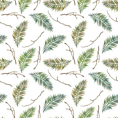 Elle çizilmiş yeşil eğreltiotu yaprakları ve beyaz arka planda ağaç dalları ile kusursuz desen, tropikal orman bitkileri iz