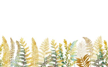 Altın çiçeksiz kenar, el yapımı altın eğreltiotu yapraklı kart şablonu beyaz arka planda