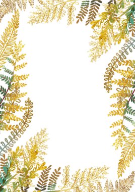 Altın çiçekli kenar, el yapımı altın eğreltiotu yapraklı kart şablonu beyaz arka planda