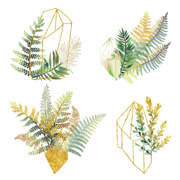 手描きの日当たりの良いシダの枝や水彩の結晶 白い背景に孤立した花束や組成物 熱帯植物の黄金と緑の葉 — ストック写真