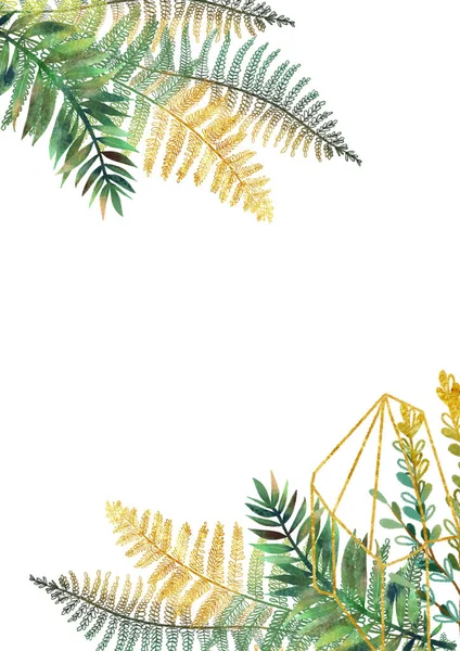 熱帯の花の境界線 手描きの緑のシダの葉と白い背景に結晶の形を持つカードテンプレート — ストック写真
