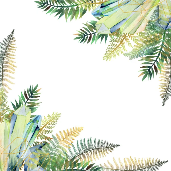 Tropical floral border, card template with hand drawn green fern leaves and watercolor crystals on white background