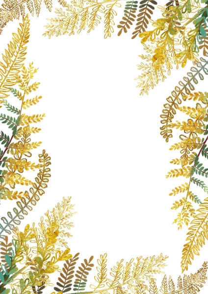 Золота Квіткова Рамка Шаблон Карти Намальованим Золотим Листям Папороті Білому — стокове фото