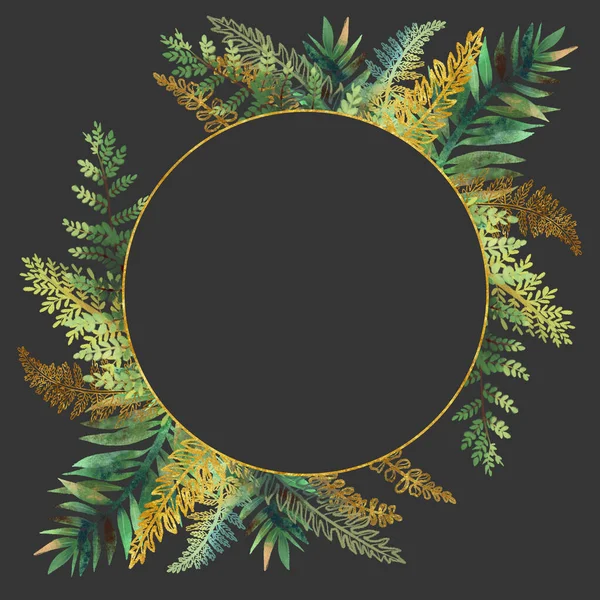 濃い背景 結婚式や他の休日のデザインに緑と黄金の熱帯シダの葉を描いた手で黄金の丸いフレーム — ストック写真