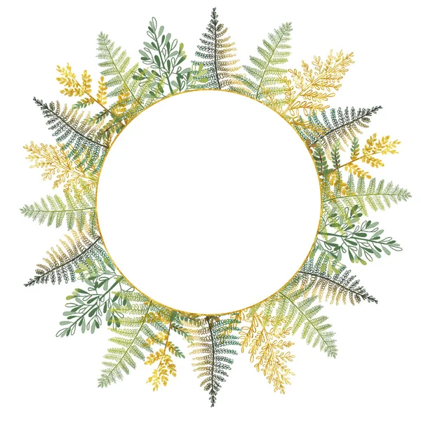 白地に手描きの緑と黄金の熱帯シダの葉を持つ黄金のラウンドフレーム 結婚式や他の休日のデザイン — ストック写真