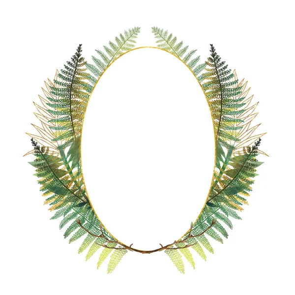 Golden Oval Frame Hand Drawn Green Golden Tropical Fern Leaves — Stock Photo, Image