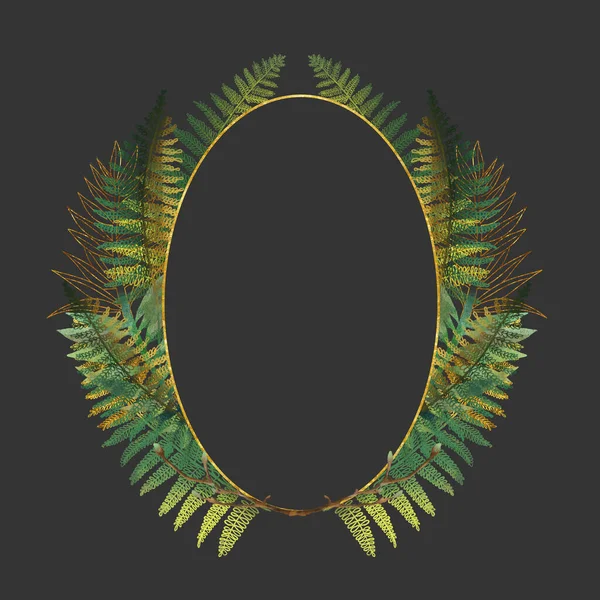 Golden Oval Frame Hand Drawn Green Golden Tropical Fern Leaves — Stock Photo, Image