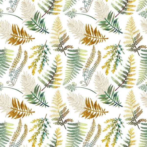 Naadloos Patroon Met Handgetekende Groene Gouden Varens Takken Bladeren Witte — Stockfoto