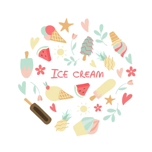 様々なアイスクリーム エシモパイ 果物や夏の要素のラウンド組成 白い背景に隔離されたフラットベクトルイラスト — ストックベクタ