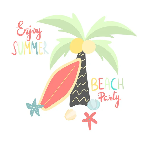 Summer Illustration Surf Board Palm Beach Colorful Flat Vector Illustration — Stock Vector