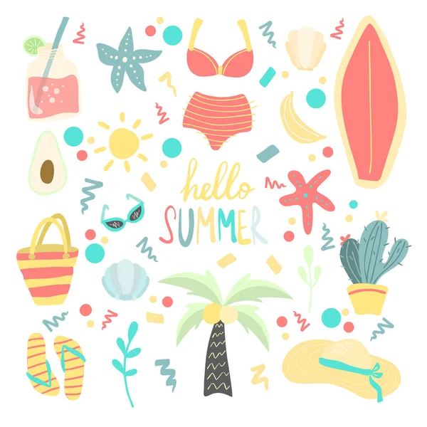 Summer Beach Vacation Elements Set Colorful Flat Vector Illustration Isolated — Stock Vector