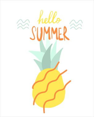 Beyaz arka planda izole edilmiş sarı soyut pinepple, renkli düz vektör illüstrasyonunu tasvir et, Merhaba Yaz harfleri