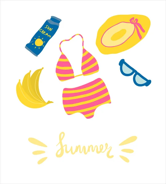 太阳镜 防晒霜和香蕉的夏季插图 白色背景的彩色平面矢量插图 夏季字母 — 图库矢量图片