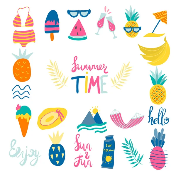 Summer Beach Vacation Elements Set Colorful Flat Vector Illustration Isolated — Stock Vector