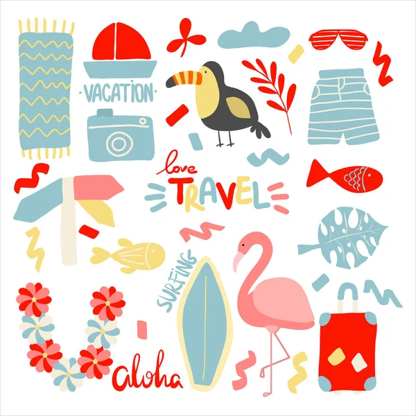 Summer Travel Beach Vacation Elements Set Colorful Flat Vector Illustration — Stock Vector