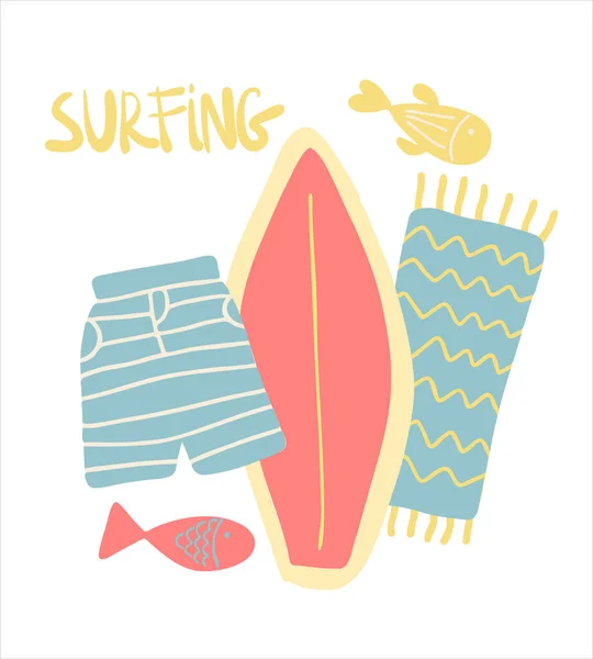 夏季冲浪板 毛巾和短裤图解 彩色平面矢量图解 独立于白色背景 旅行和冲浪布局概念 — 图库矢量图片