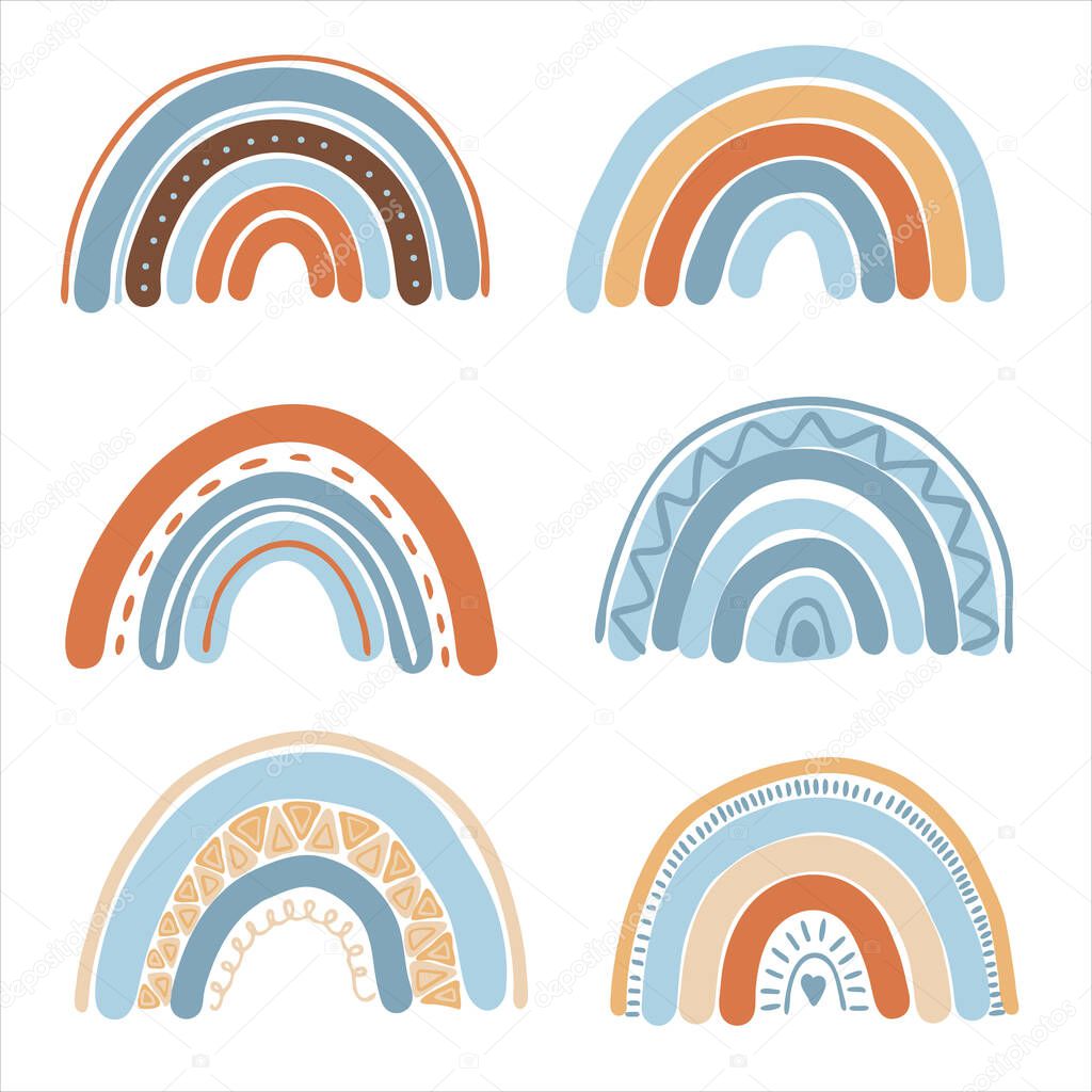 Collection of boho rainbows in pastel blue and brown colors, isolated elements on white background; nursery art design, for printing on baby clothes and textiles, home decor art, vector illustration