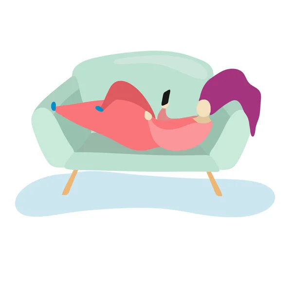 Illustration Eines Mädchens Das Auf Einem Sofa Liegt Und Einem — Stockvektor