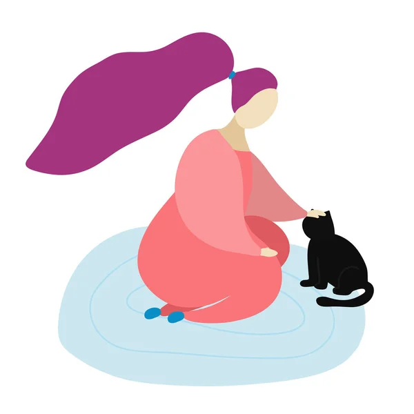 Illustration Eines Mädchens Das Eine Schwarze Katze Streichelt Zeit Hause — Stockvektor