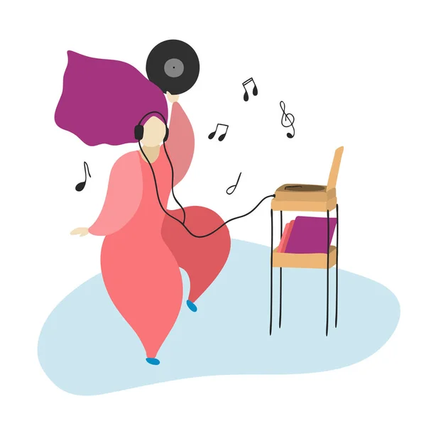 Ilustración Una Bailarina Que Escucha Música Reproductor Divierte Casa Pasar — Vector de stock