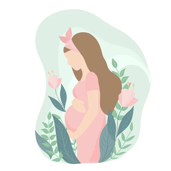 Ilustração Uma Menina Grávida Vestido Rosa Fundo Floral Ilustração Vetorial — Vetor de Stock