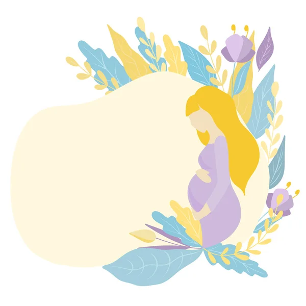 Ilustracja Ciężarnej Dziewczyny Fioletowej Sukience Kwiatowym Tle Miejsce Fortext Ilustracja — Wektor stockowy
